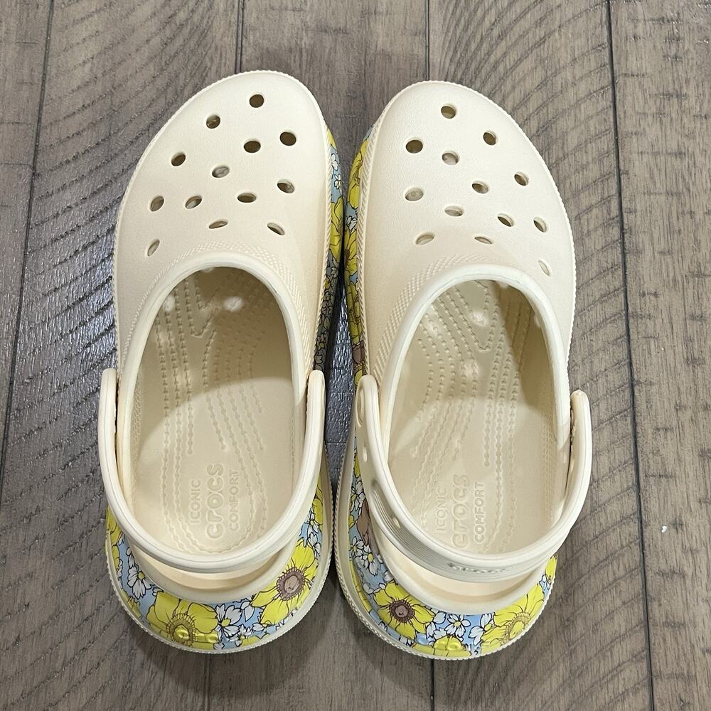 Crocs Mega Crush Retro Floral Clogs Womens W6 Vanilla Yellow Blue Platform Shoes - Picture 7 of 14